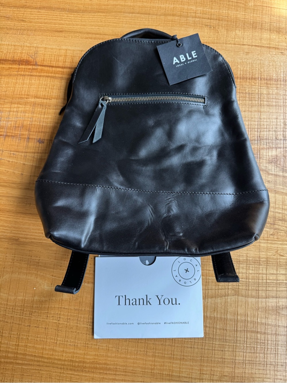ABLE Black Leather Backpack with Front Zip Pocket